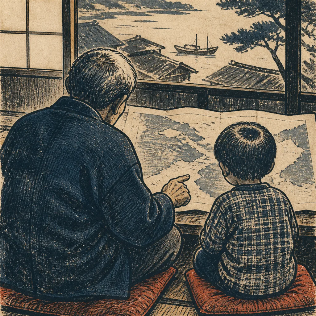 年配の人が地図を指さし、その隣で子どもが一緒に地図を見る後ろ姿