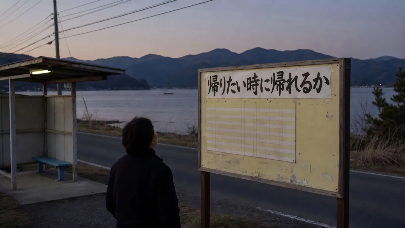夕方のバス停で時刻表を見上げる人の後ろ姿。掲示板に、帰りたい時に帰れるか、と書かれている。