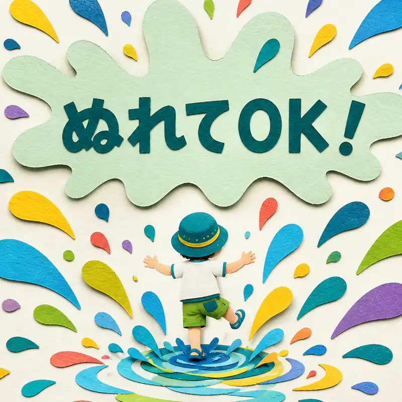 ぬれてOK！の文字と水滴に囲まれた後ろ姿の紙細工風イラスト