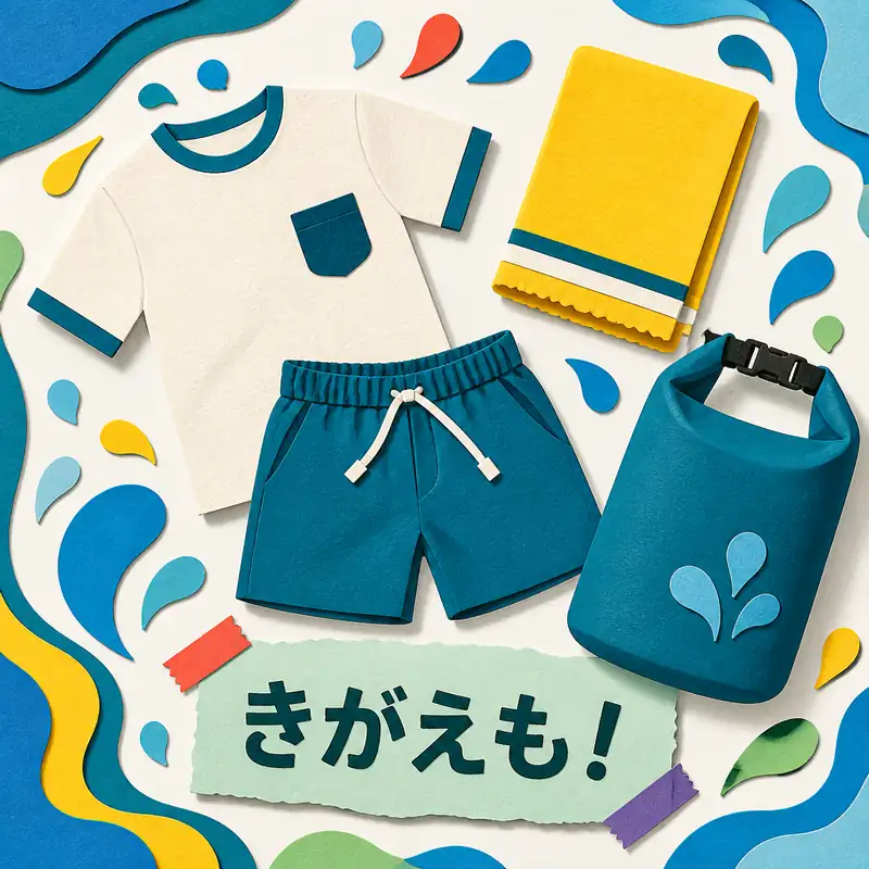 きがえも！の文字と着替えやタオルの紙細工風イラスト